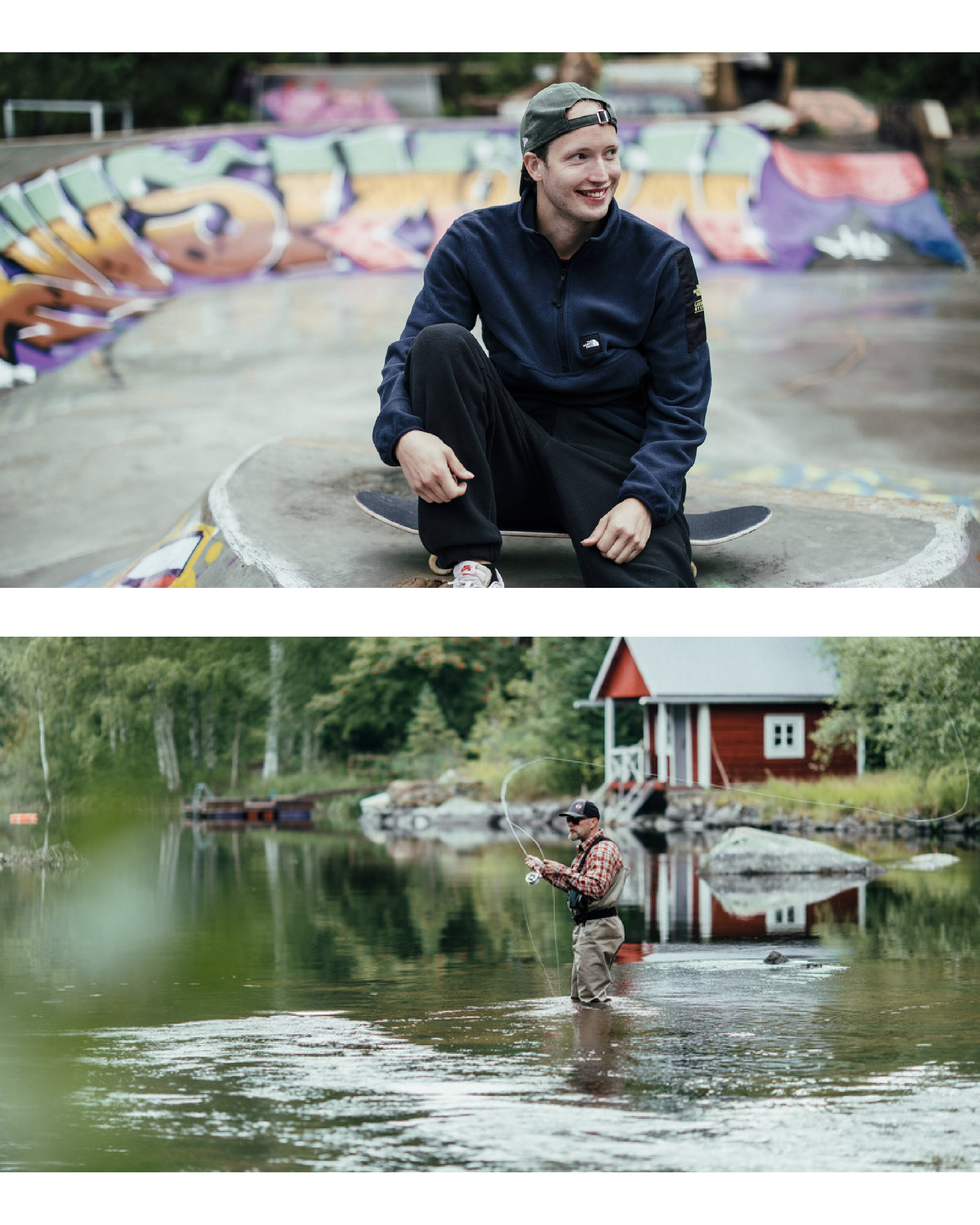 Skeitin päällä istuva nuori henkilö, vedessä seisova ja kalastava varttuneempi henkilö.