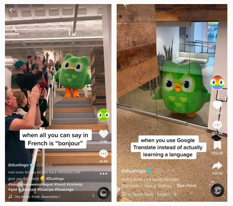 image Kuvakokoelma kahdesta TikTok-julkaisusta Duolingo-tilillä.